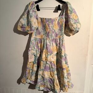 Bohme Large Wildflower Soul Mini Dress Smocked Bodice Prairie Boho Ruffle Tiered